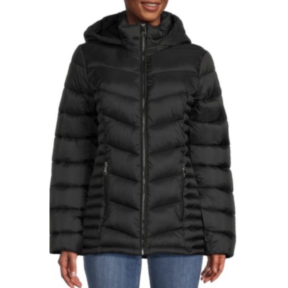 DKNY Hooded Zip Puffer Jacket Black‎ Water Resistant Packable Women's Medium NWT